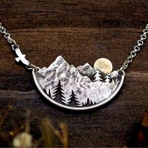 “Pursuit of Peace” Mountain TreeLandscape Necklace 14k gold plated New